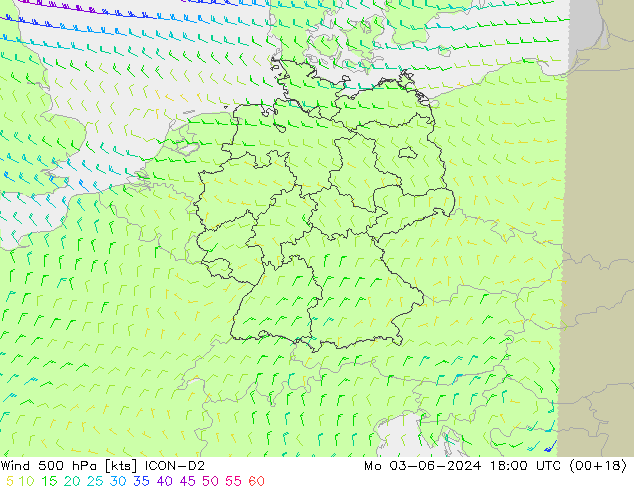 Vent 500 hPa ICON-D2 lun 03.06.2024 18 UTC