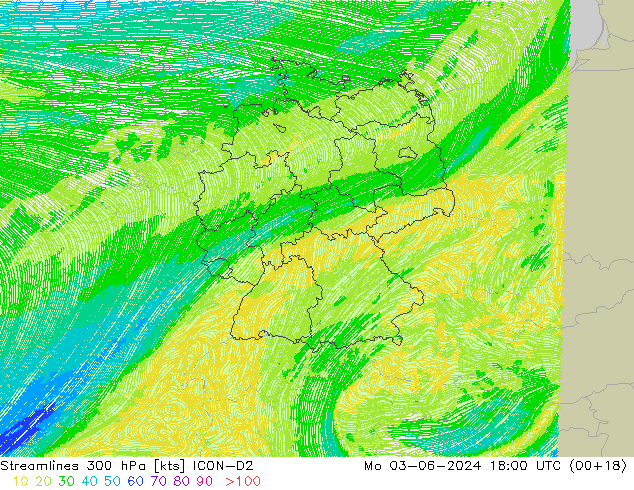 Streamlines 300 hPa ICON-D2 Po 03.06.2024 18 UTC