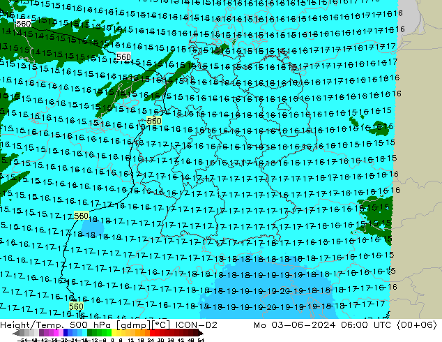 Height/Temp. 500 hPa ICON-D2 Mo 03.06.2024 06 UTC