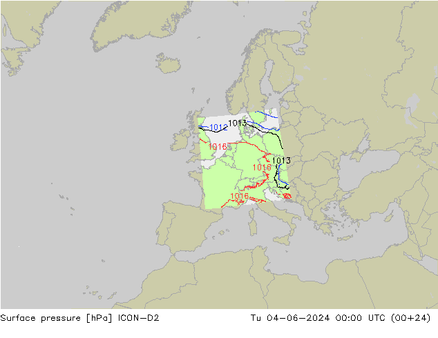 地面气压 ICON-D2 星期二 04.06.2024 00 UTC