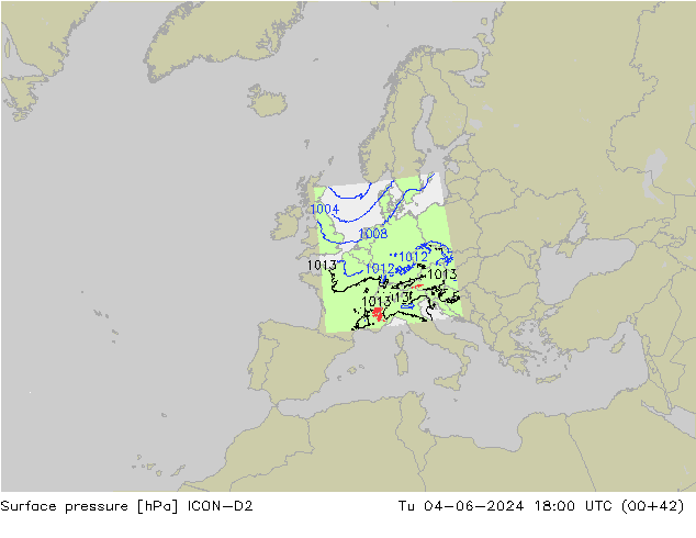 Pressione al suolo ICON-D2 mar 04.06.2024 18 UTC