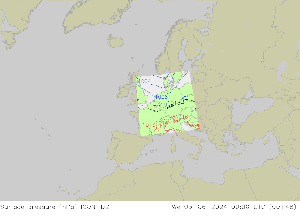 Surface pressure ICON-D2 We 05.06.2024 00 UTC