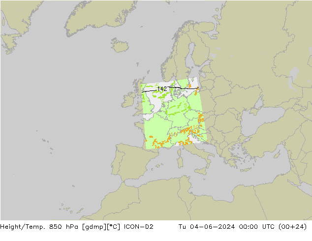 Geop./Temp. 850 hPa ICON-D2 mar 04.06.2024 00 UTC