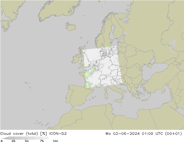 nuvens (total) ICON-D2 Seg 03.06.2024 01 UTC