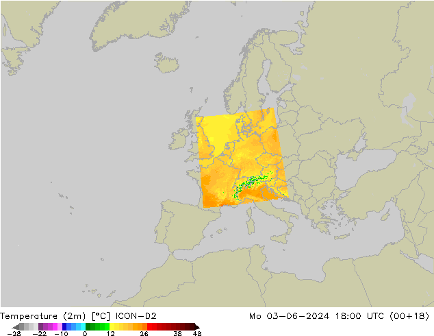 Temperature (2m) ICON-D2 Mo 03.06.2024 18 UTC