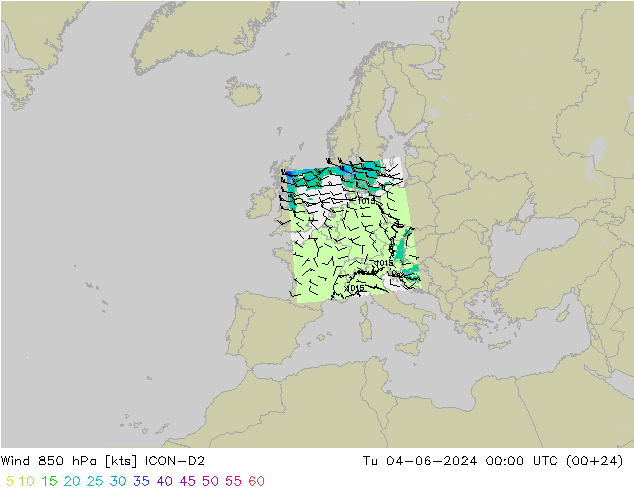 Wind 850 hPa ICON-D2 Tu 04.06.2024 00 UTC