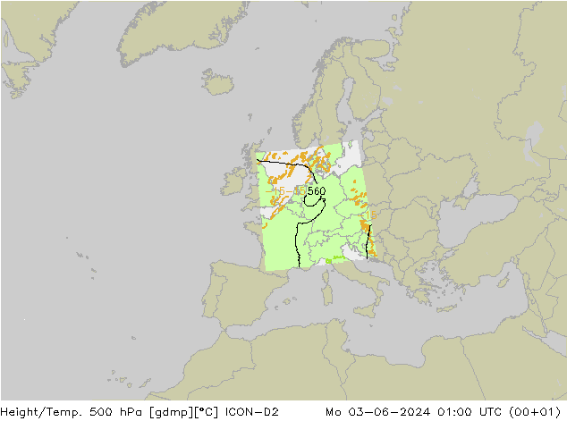 Height/Temp. 500 hPa ICON-D2 星期一 03.06.2024 01 UTC