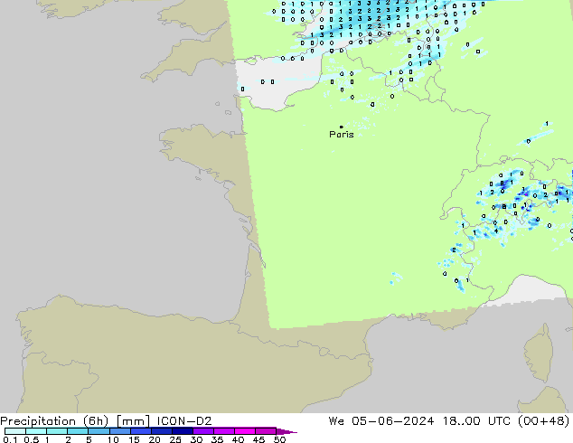 Precipitation (6h) ICON-D2 St 05.06.2024 00 UTC