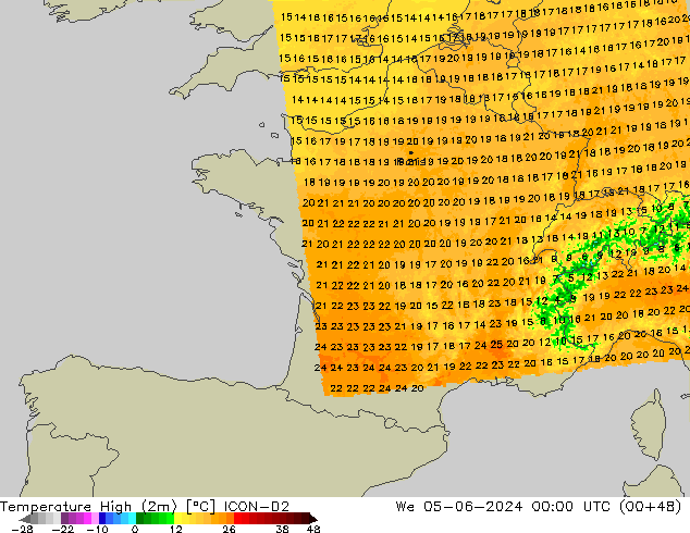 Max. Temperatura (2m) ICON-D2 śro. 05.06.2024 00 UTC