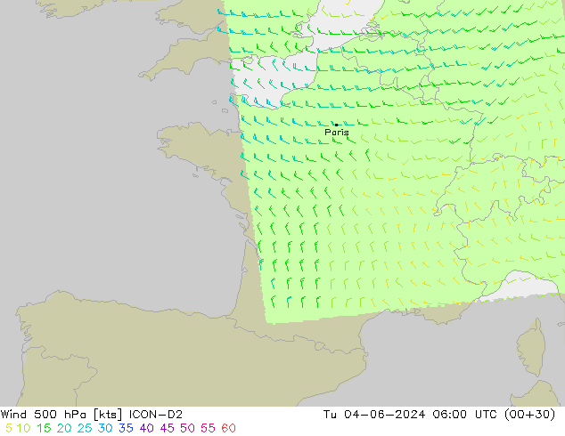 Wind 500 hPa ICON-D2 Tu 04.06.2024 06 UTC