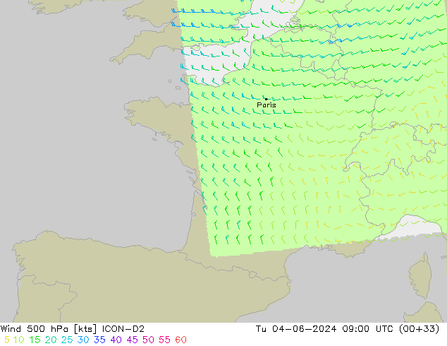 Wind 500 hPa ICON-D2 Tu 04.06.2024 09 UTC