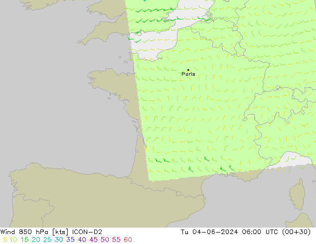 Wind 850 hPa ICON-D2 Tu 04.06.2024 06 UTC