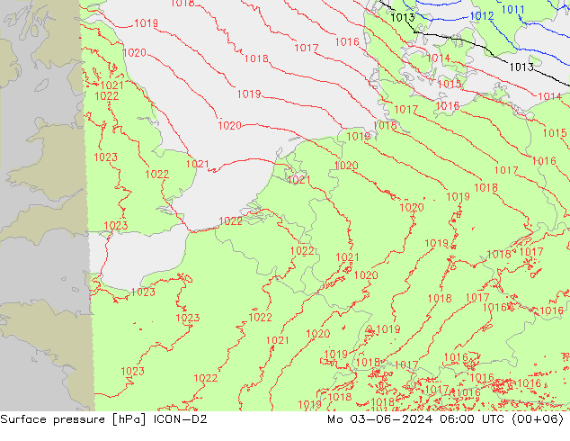 地面气压 ICON-D2 星期一 03.06.2024 06 UTC