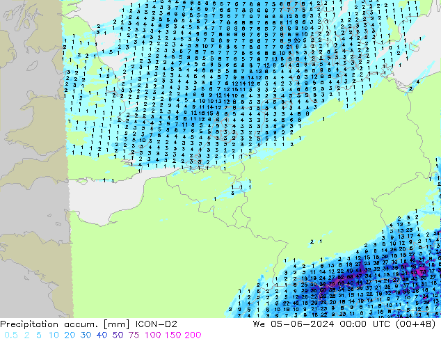 Totale neerslag ICON-D2 wo 05.06.2024 00 UTC