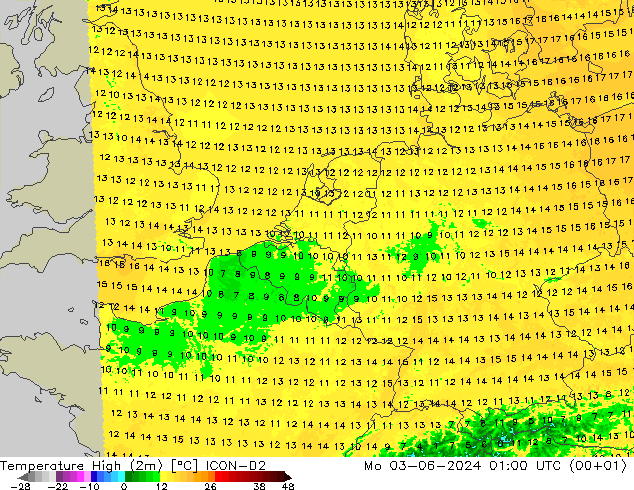 Temperature High (2m) ICON-D2 Mo 03.06.2024 01 UTC