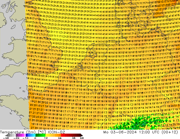 Temperatuurkaart (2m) ICON-D2 ma 03.06.2024 12 UTC