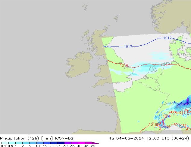 Precipitation (12h) ICON-D2 Tu 04.06.2024 00 UTC