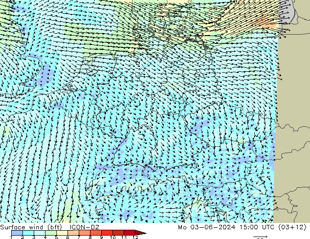 Viento 10 m (bft) ICON-D2 lun 03.06.2024 15 UTC