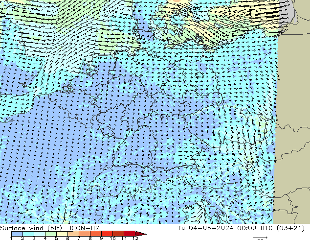 Wind 10 m (bft) ICON-D2 di 04.06.2024 00 UTC
