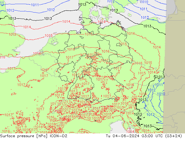 Surface pressure ICON-D2 Tu 04.06.2024 03 UTC