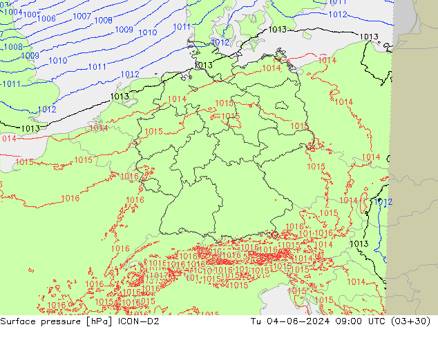 Pressione al suolo ICON-D2 mar 04.06.2024 09 UTC