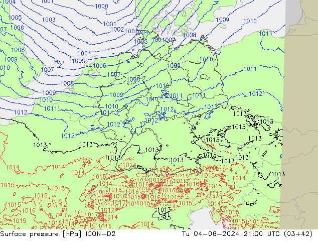 Surface pressure ICON-D2 Tu 04.06.2024 21 UTC