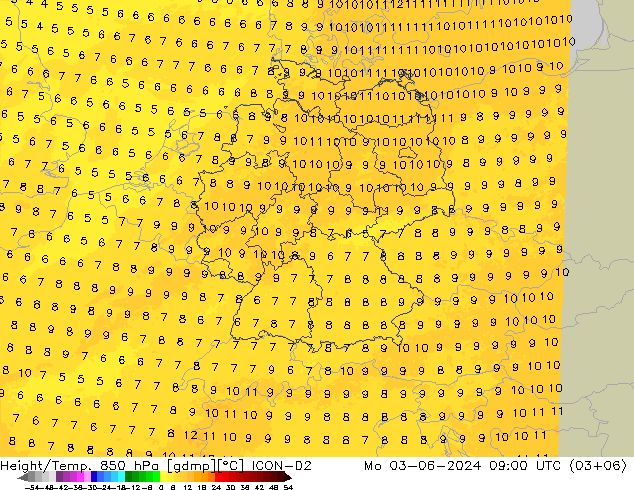 Height/Temp. 850 hPa ICON-D2 Po 03.06.2024 09 UTC