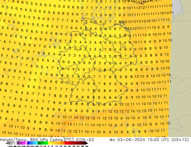 Height/Temp. 850 hPa ICON-D2 Seg 03.06.2024 15 UTC