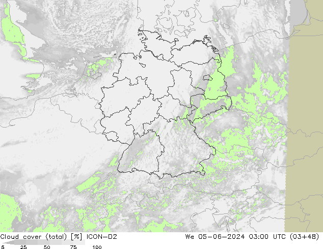 zachmurzenie (suma) ICON-D2 śro. 05.06.2024 03 UTC