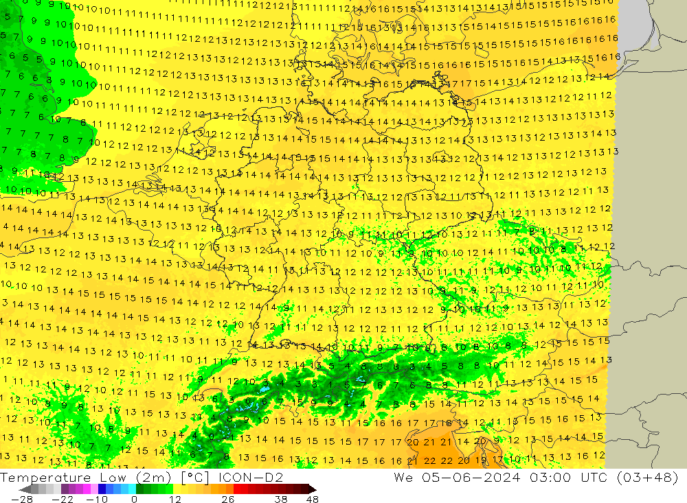 Temperature Low (2m) ICON-D2 We 05.06.2024 03 UTC