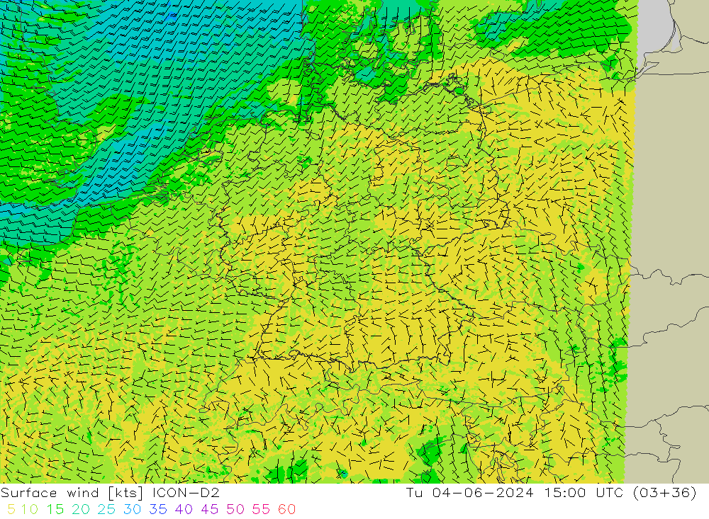 wiatr 10 m ICON-D2 wto. 04.06.2024 15 UTC