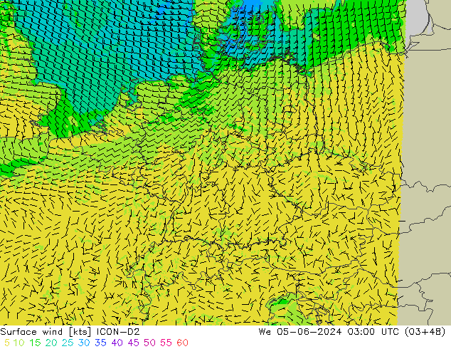 Surface wind ICON-D2 St 05.06.2024 03 UTC
