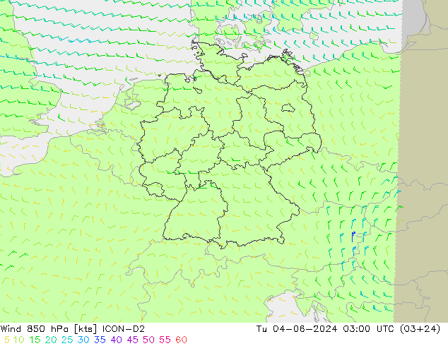 Wind 850 hPa ICON-D2 Di 04.06.2024 03 UTC