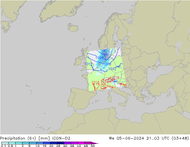 Precipitazione (6h) ICON-D2 mer 05.06.2024 03 UTC
