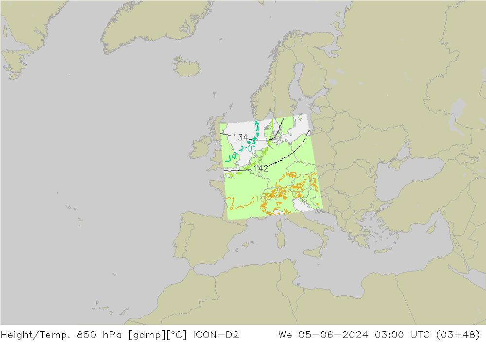 Hoogte/Temp. 850 hPa ICON-D2 wo 05.06.2024 03 UTC
