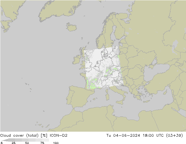 Cloud cover (total) ICON-D2 Tu 04.06.2024 18 UTC