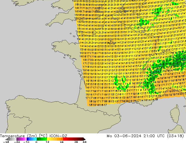 Temperature (2m) ICON-D2 Mo 03.06.2024 21 UTC