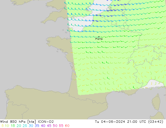 Wind 850 hPa ICON-D2 Tu 04.06.2024 21 UTC