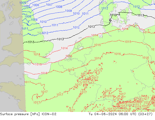 Presión superficial ICON-D2 mar 04.06.2024 06 UTC