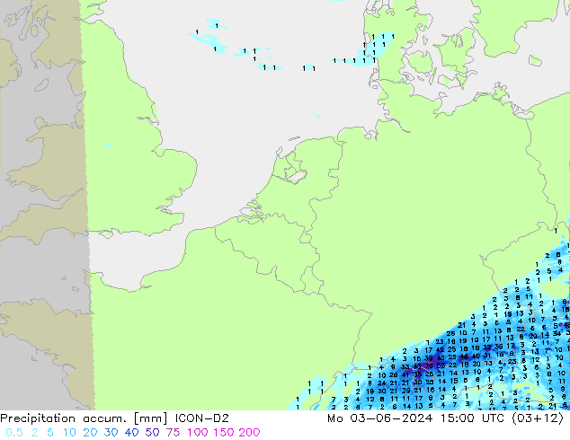 Precipitation accum. ICON-D2 Po 03.06.2024 15 UTC