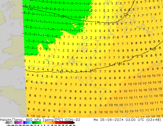 Height/Temp. 850 гПа ICON-D2 ср 05.06.2024 03 UTC