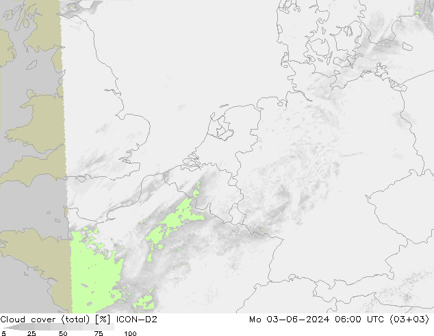 Cloud cover (total) ICON-D2 Po 03.06.2024 06 UTC