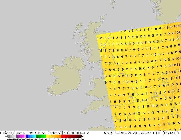 Height/Temp. 850 hPa ICON-D2 Po 03.06.2024 04 UTC