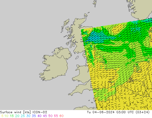 Surface wind ICON-D2 Út 04.06.2024 03 UTC