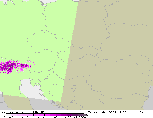 Snow accu. ICON-D2 Mo 03.06.2024 15 UTC