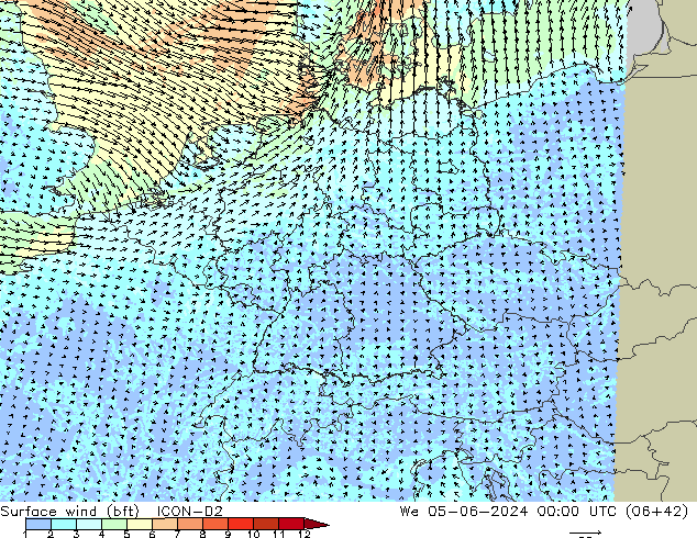 Surface wind (bft) ICON-D2 We 05.06.2024 00 UTC