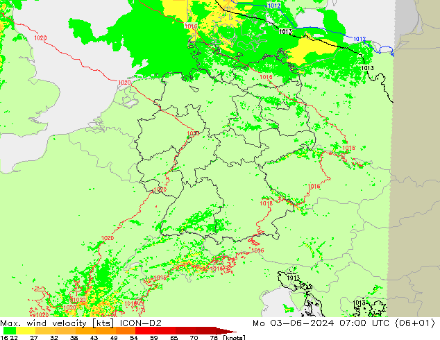 Max. wind velocity ICON-D2  03.06.2024 07 UTC