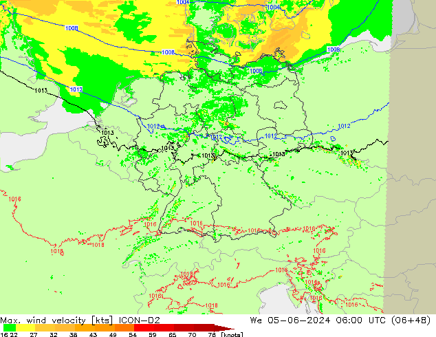 Max. wind velocity ICON-D2 mié 05.06.2024 06 UTC