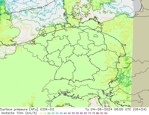 Isotachen (km/h) ICON-D2 di 04.06.2024 06 UTC