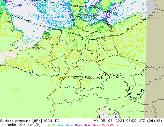 Isotachen (km/h) ICON-D2 Mi 05.06.2024 06 UTC